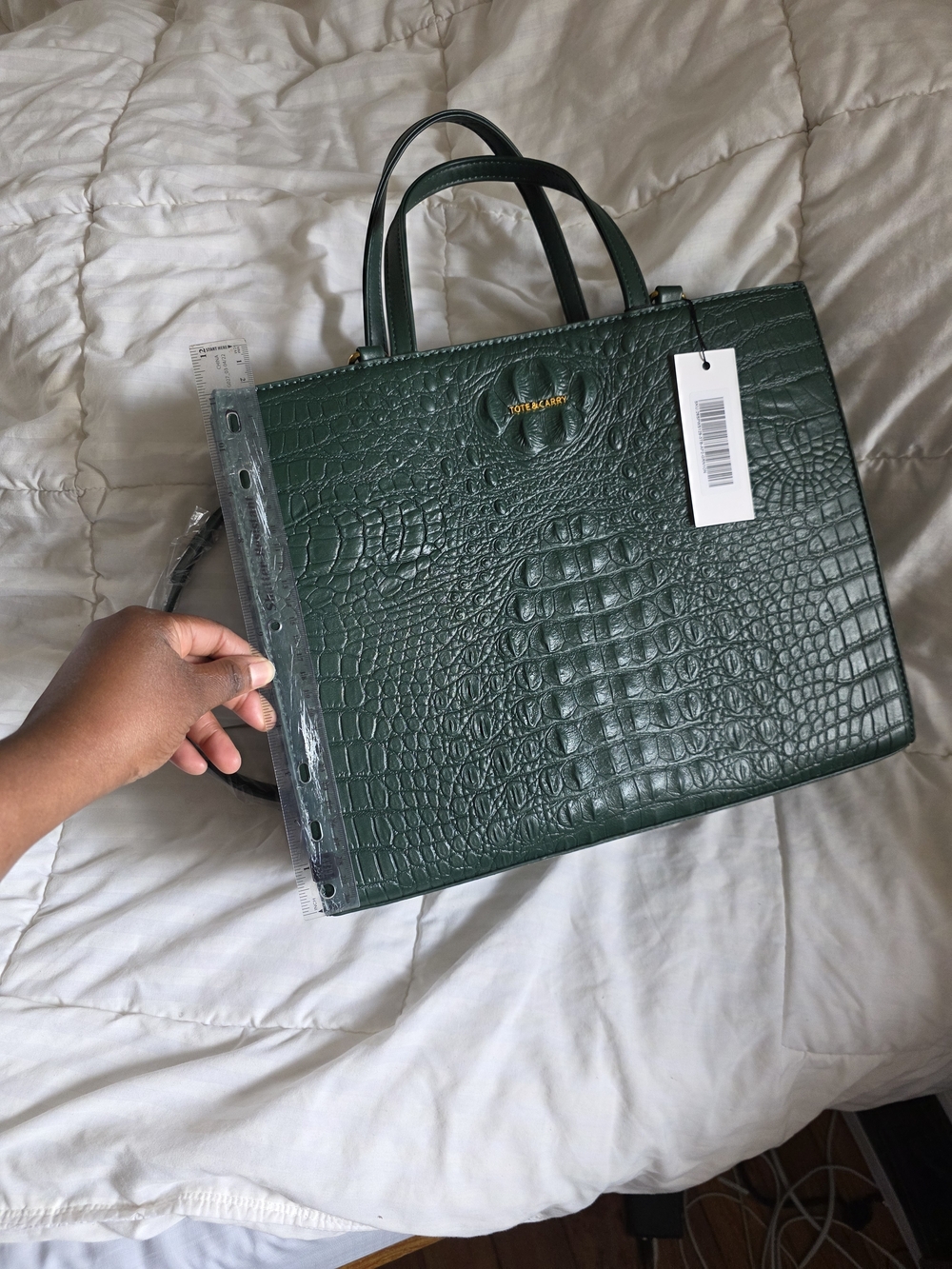Croc-Embossed Structured Satchel in Deep Green